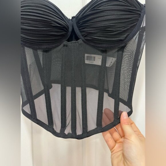 Black Corset Mesh Crop Top Bustier Bra Style Adjustable Straps Y2K Night Out - Picture 3 of 6
